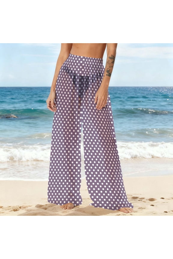 Women Sheer Mesh Pants See Through Bikini Bottom Swimsuit Cover up Polka Dots Wide Leg Beach Pants