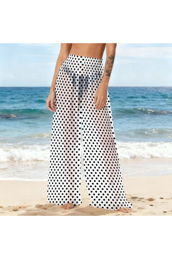 Women Sheer Mesh Pants See Through Bikini Bottom Swimsuit Cover up Polka Dots Wide Leg Beach Pants