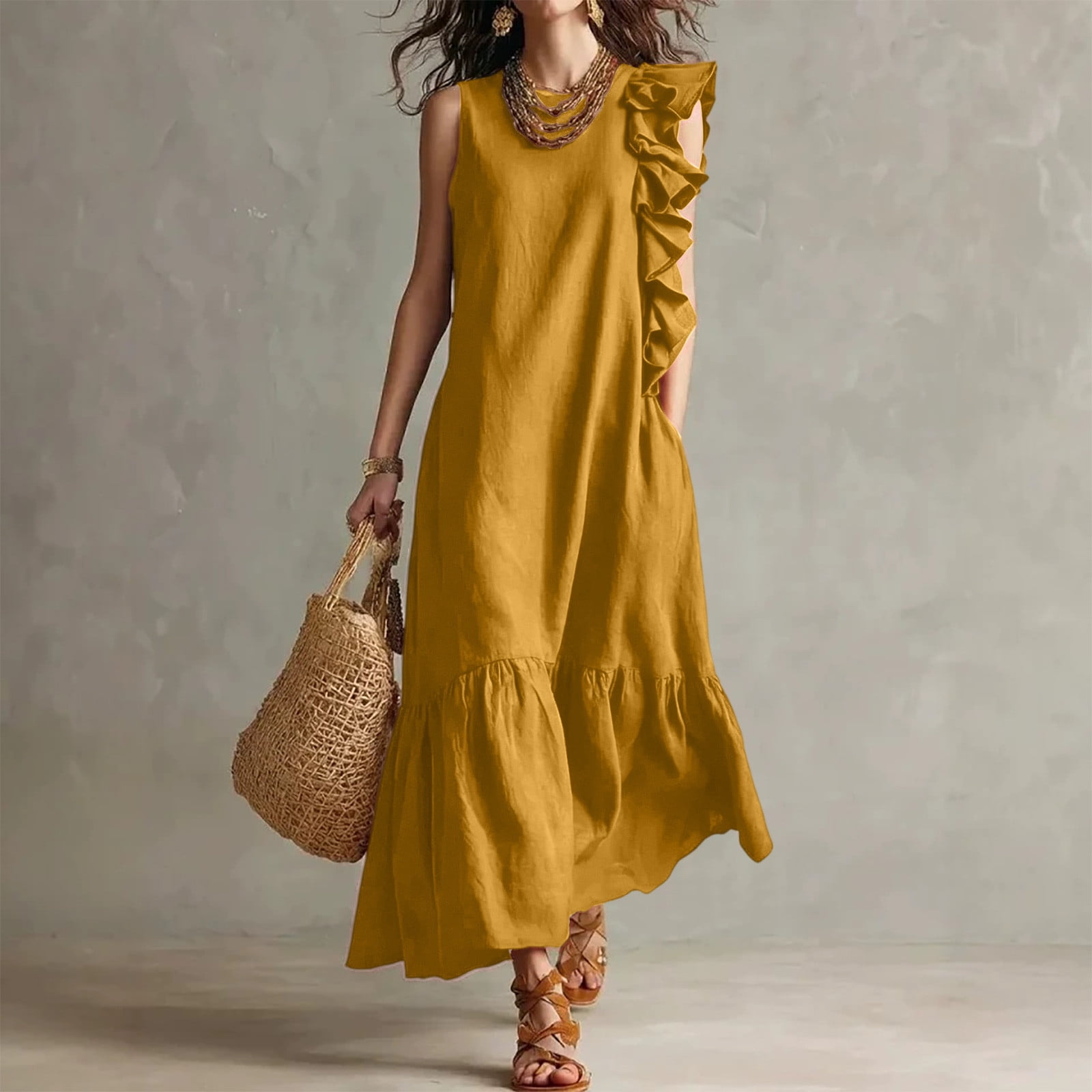 elegant loose dresses Neewe Women Sleeveless Casual Loose Maxi Dress Scoop Neck Long Elegant  Dresses Wide Shoulder Strap Blouse Dress