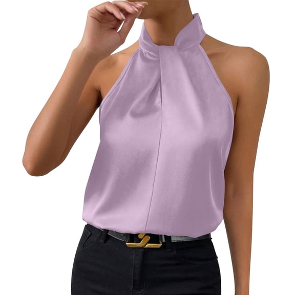 Neewe Women Smooth Satin Halter Top Backless Mock Neck Tank Tops Solid Color Open Back Vest Casual