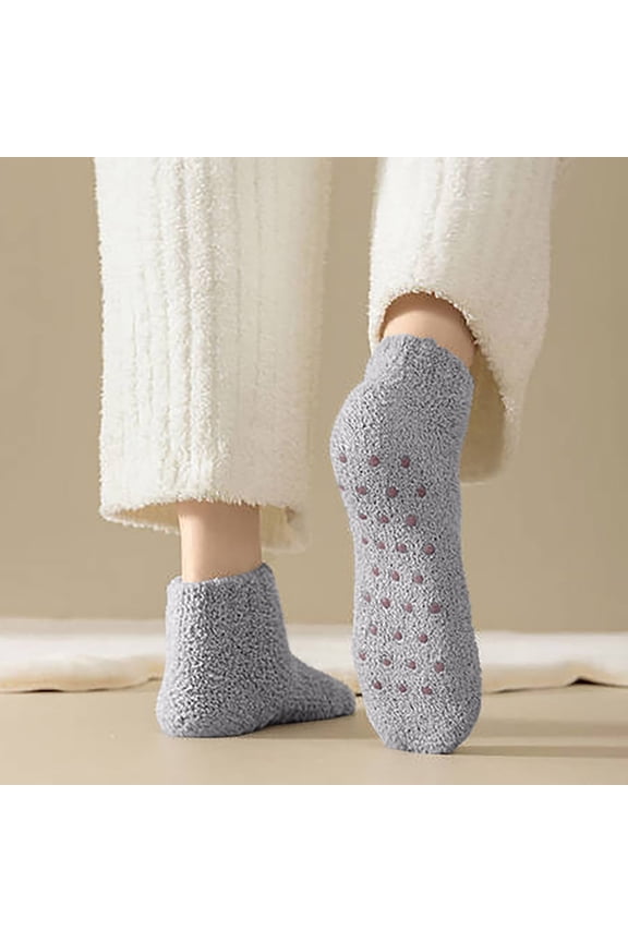 Women Solid Color Thickened Velvet Socks Non-Slip Silicone Grip Coral Fleece Lined