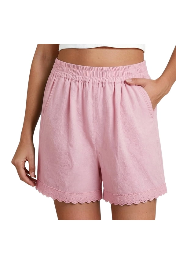 Women Summer Cotton Linen Shorts Casual Loose Elastic Waist Lace Hem Boho Beach Cover Up Shorts