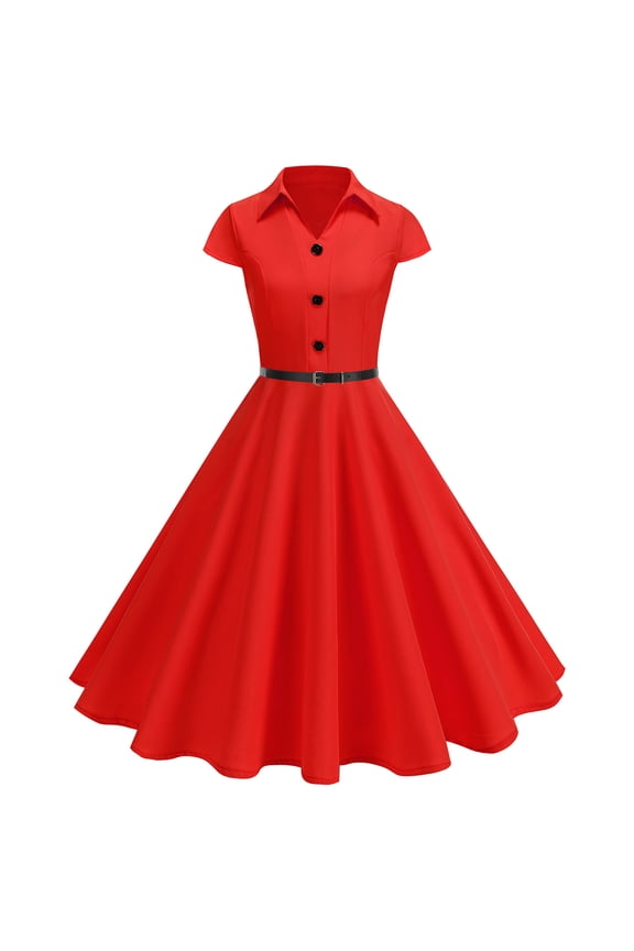 Women Summer Maxi Dress High Waist Plain V Neck Lapel Button Down Short Sleeve A-Line Pleated Ruff Hem Long Dresses