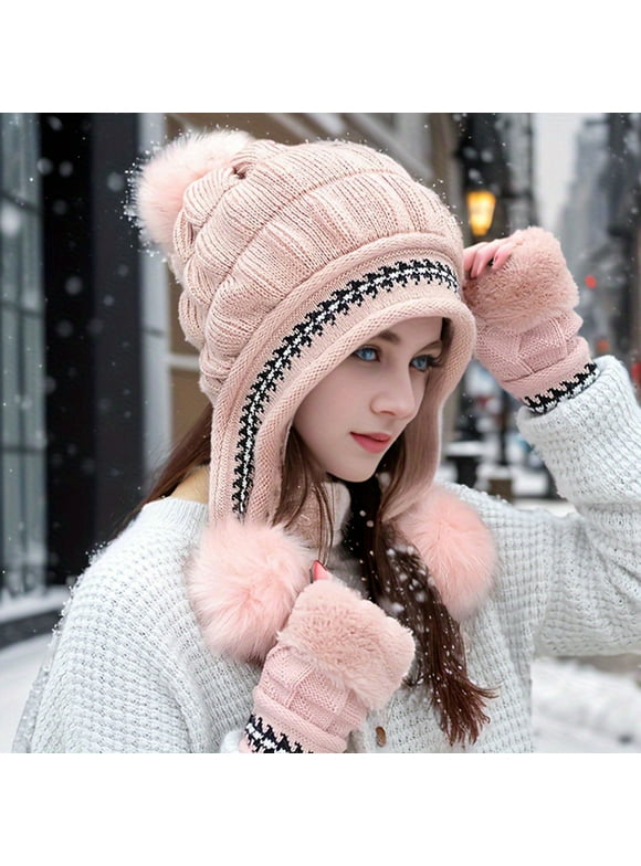 Women Winter Glove and Hat Set Winter Hat Touchscreen Gloves Warm Knitted Beanie and Mittens for Women