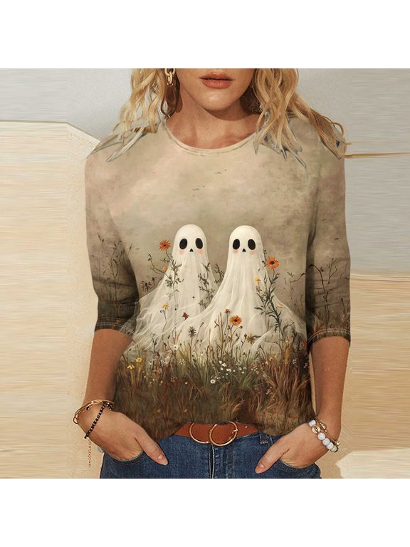 Women's 2025 Fashion Tops 3/4 Length Sleeve Halloween Casual Blouses Tees Shirts