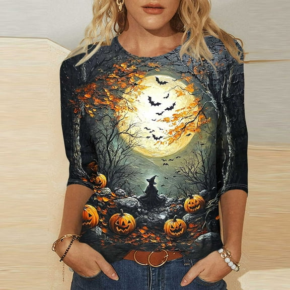 Neewe Women's 2025 Fashion Tops 3/4 Length Sleeve Halloween Casual Blouses Tees Shirts