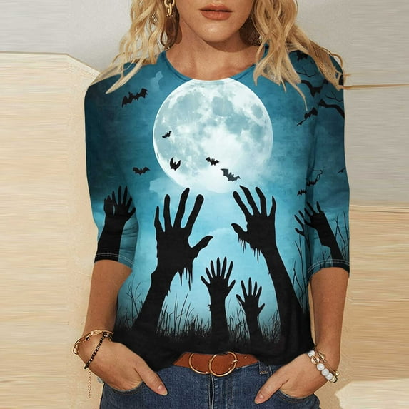 Neewe Women's 2025 Fashion Tops 3/4 Length Sleeve Halloween Casual Blouses Tees Shirts