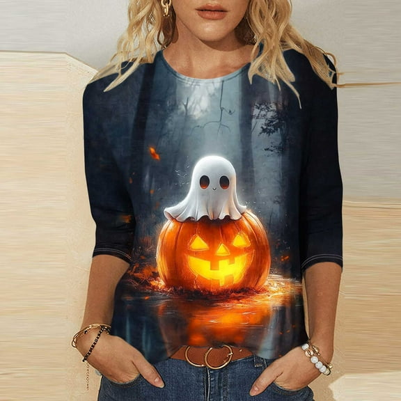 Neewe Women's 2025 Fashion Tops 3/4 Length Sleeve Halloween Casual Blouses Tees Shirts