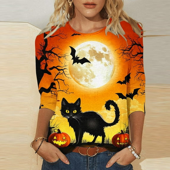 Neewe Women's 2025 Fashion Tops 3/4 Length Sleeve Halloween Casual Blouses Tees Shirts