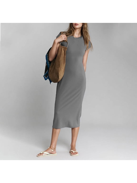 Women's 2026 Summer Casual Tshirt Dress Short Sleeve Plain Crew Neck Beach Long Maxi Dresses