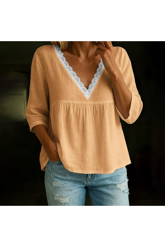 Women's 3/4 Sleeve T Shirts, V Neck Casual Tunic Tops Loose Fit Shirts Solid Color Summer Tees