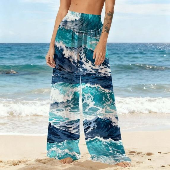 Neewe Women's Beach Cover Up Pants Sheer Elastic High Waist Bathing Suit Cover Up Boho Beach Pants