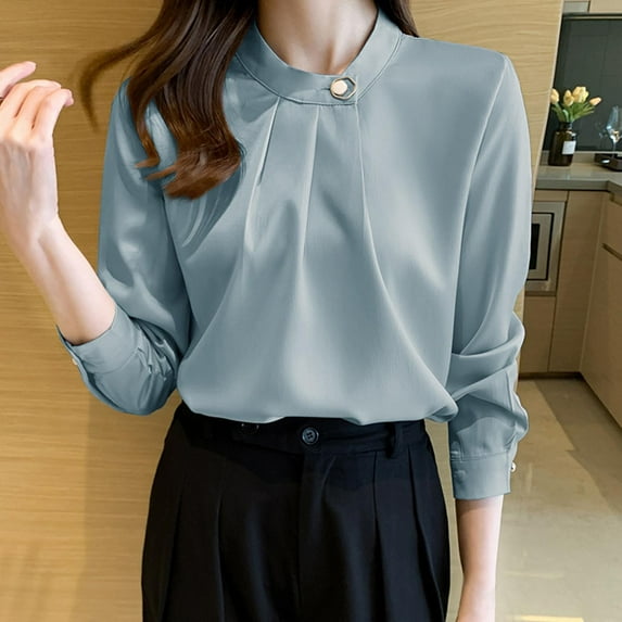 Neewe Women's Blouse Satin Silk Shirts Casual Loose Long Sleeve Office Work Tunic Tops