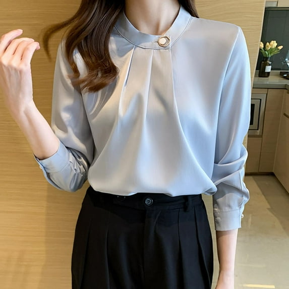 Neewe Women's Blouse Satin Silk Shirts Casual Loose Long Sleeve Office Work Tunic Tops