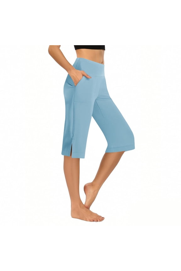 Women's Capri Pants with Pockets Split Hem High Waist – Tummy Control Yoga Leggings for Summer Workout