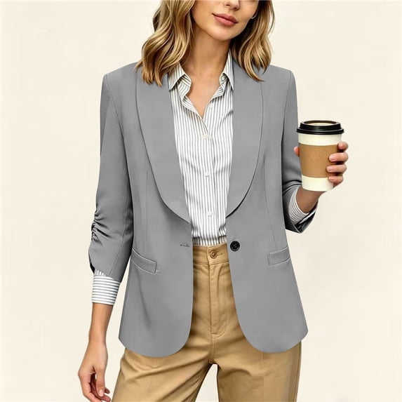 Neewe Women's Casual Button Front Blazer Jackets 3/4 Sleeve Lapel Office Work Lightweight Blazers with Pockets
