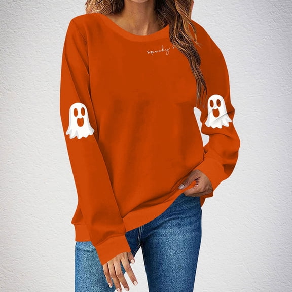 Neewe Women's Casual Crew Neck Sweatshirt Halloween Printed Loose Soft Long Sleeve Pullover Tops