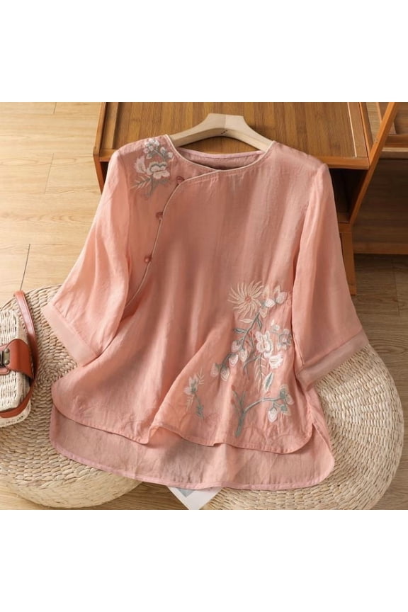 Women's Casual Fashion Solid Color Collar Embroidered Shirt Summer Vintage Loose 3/4 Sleeve Blouse