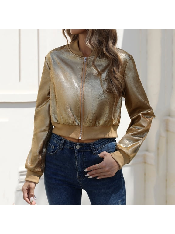 Women's Casual Long Sleeve Solid Zip Up Coat Crop Bomber Jacket