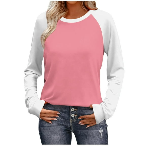 Neewe Women's Casual Long Sleeve Tops Crew Neck Fall Basic T Shirts Going Out T-Shirts Striped Block Color