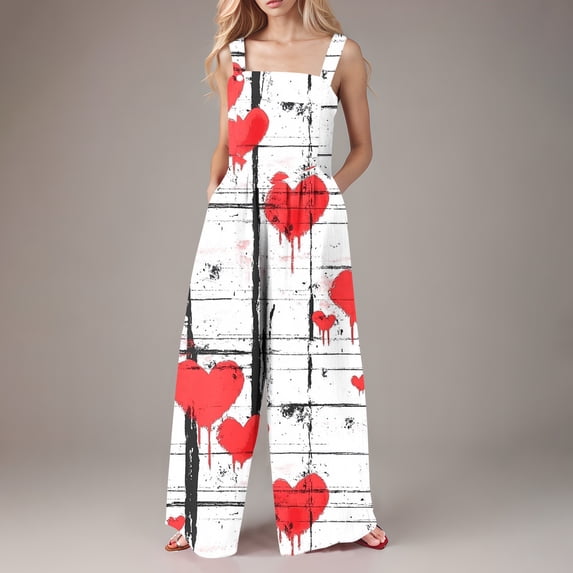 Neewe Women's Casual Loose Overalls Jumpsuits One Piece Sleeveless Printed Wide Leg Long Pant Rompers With Pockets-Multicolor L