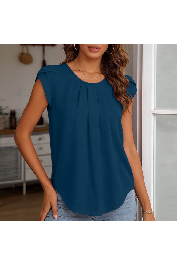 Women's Casual Round Neck Basic Pleated Tops Short Sleeve Loose Fit Curved Back Chiffon Blouses T Shirts