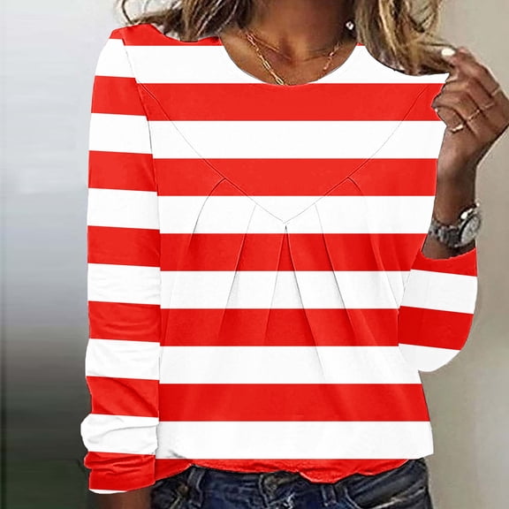 Neewe Women's Casual Striped Long Sleeve Tops Crew Neck Knit Basic T Shirts