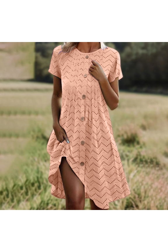 Women's Casual Summer Dresses 2026 Ruffle Sleeves Plain V-Neck Short Sleeve Button Down Midi House Dress