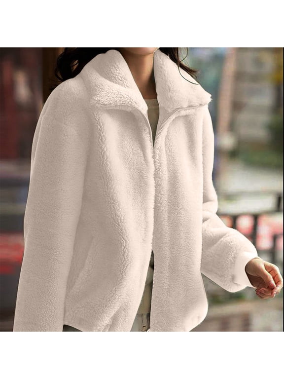 Women's Coat Casual Lapel Fleece Fuzzy Faux Shearling Zipper Coats Warm Winter Oversized Outwear Jackets