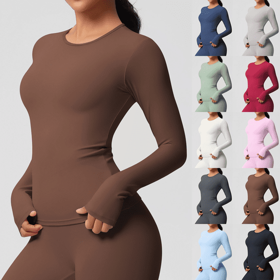 Neewe Women's Coffee Long Sleeve Compression Shirts Dry Fit Workout Athletic Sun Protection Cooling Tops for Yoga Running Gym