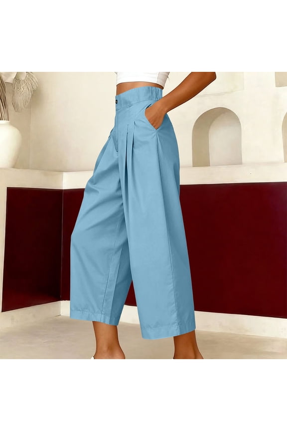 Women's Cotton Linen Straight Wid Leg Ankle Pants High Waist Button Casual Trousers with Pockets