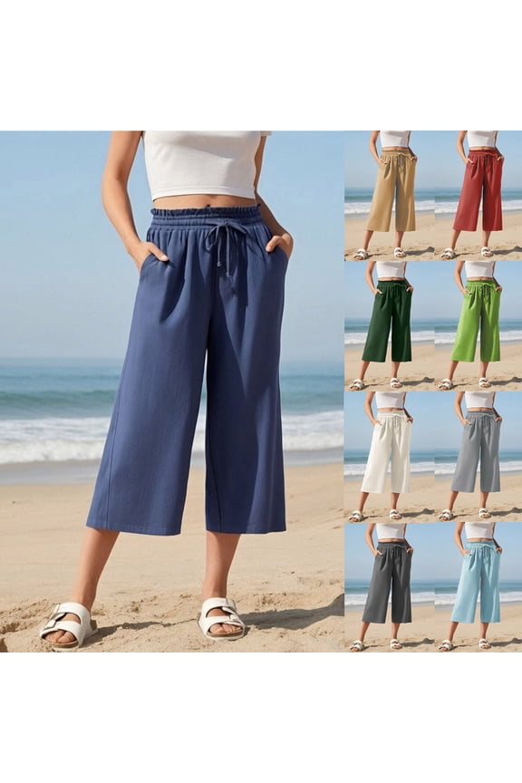 Women's Cotton Linen Summer Palazzo Capri Pants Flowy Wide Leg Beach Trousers with Pockets