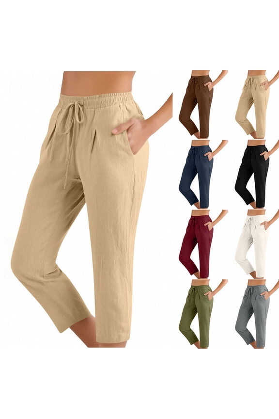 Women's Cotton Linen Summer Palazzo Capri Pants Flowy Wide Leg Beach Trousers with Pockets