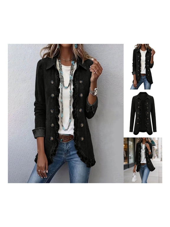 Women's Denim Ruffled Open Front Long Sleeve Jacket with Decorative Button for Casual Daily Wear and Outdoor Activities
