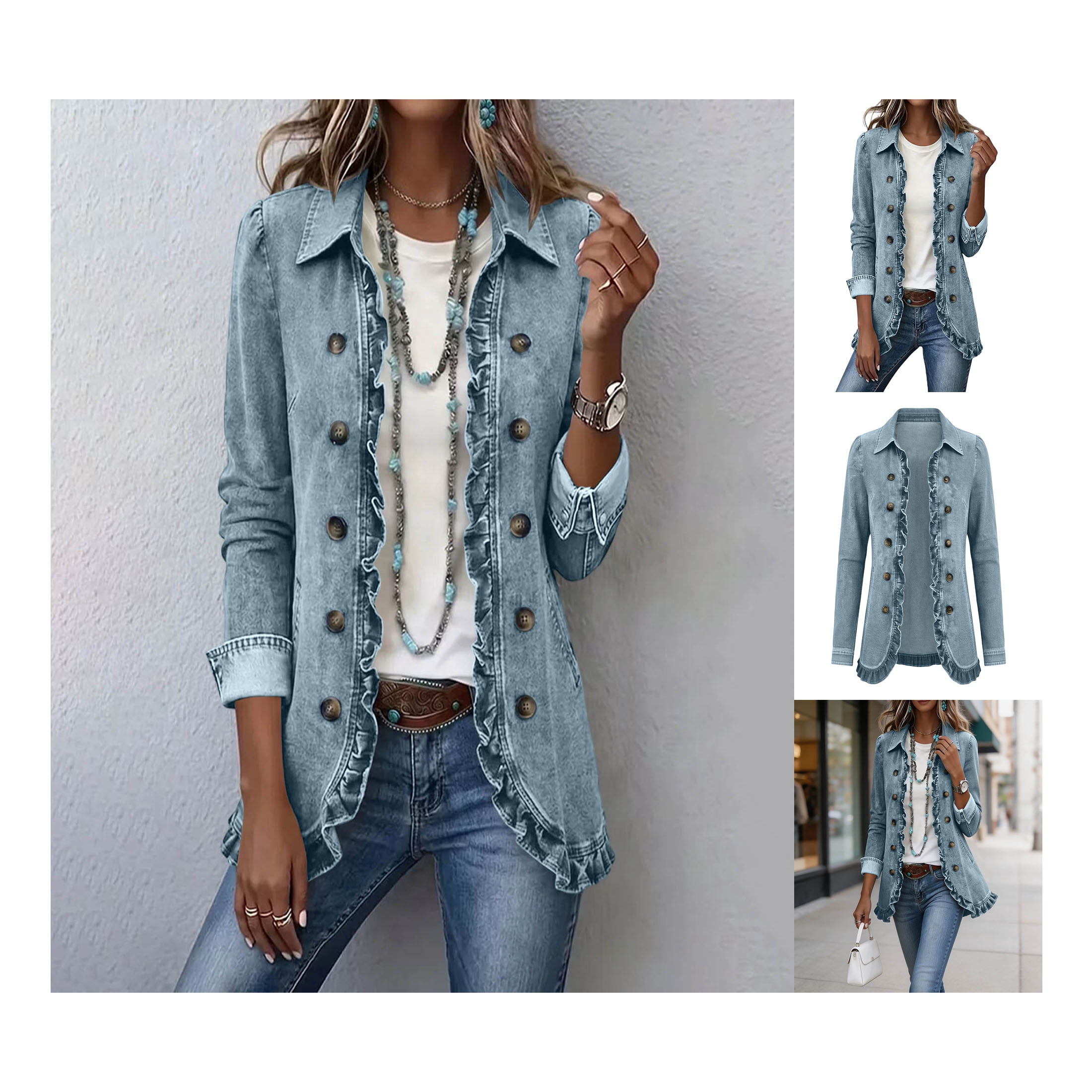 Ruffle Button Jacket Neewe Women's Denim Ruffled Open Front Long Sleeve Jacket with ...