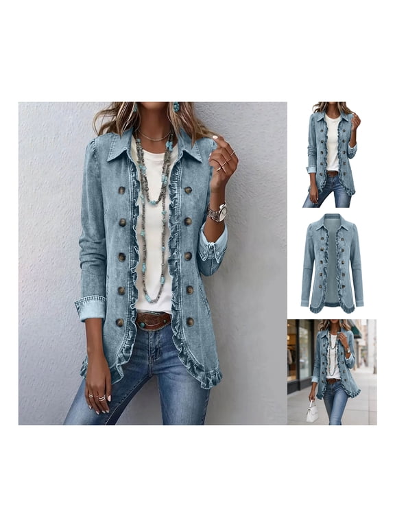 Women's Denim Ruffled Open Front Long Sleeve Jacket with Decorative Button for Casual Daily Wear and Outdoor Activities