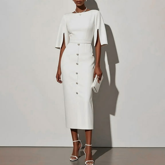 Neewe Women's Elegant Bodycon Maxi Dress Button Embellished Fall Long Sleeve Dress Club Party Formal Cocktail Dresses