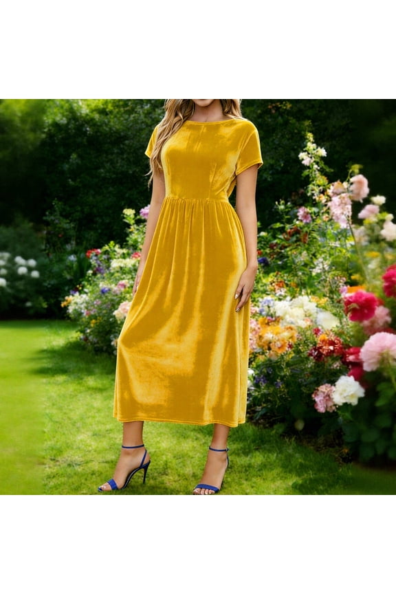 Women's Elegant Summer Maxi Dresses Classic Plain Round Neck Short Sleeve Tunic Waist Crushed Velvet Long Dresses