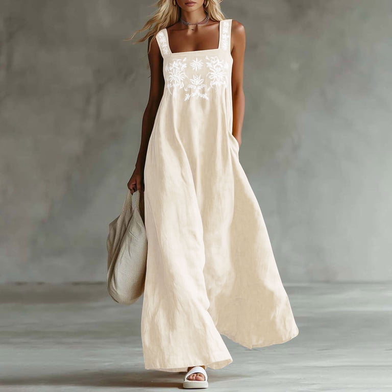 flowy cotton maxi dresses R.Vivimos Women's Summer Cotton Maxi Dress Adjustable Spaghetti Strap Boho  Casual Backless Ruffle Loose Fit Flowy Dress