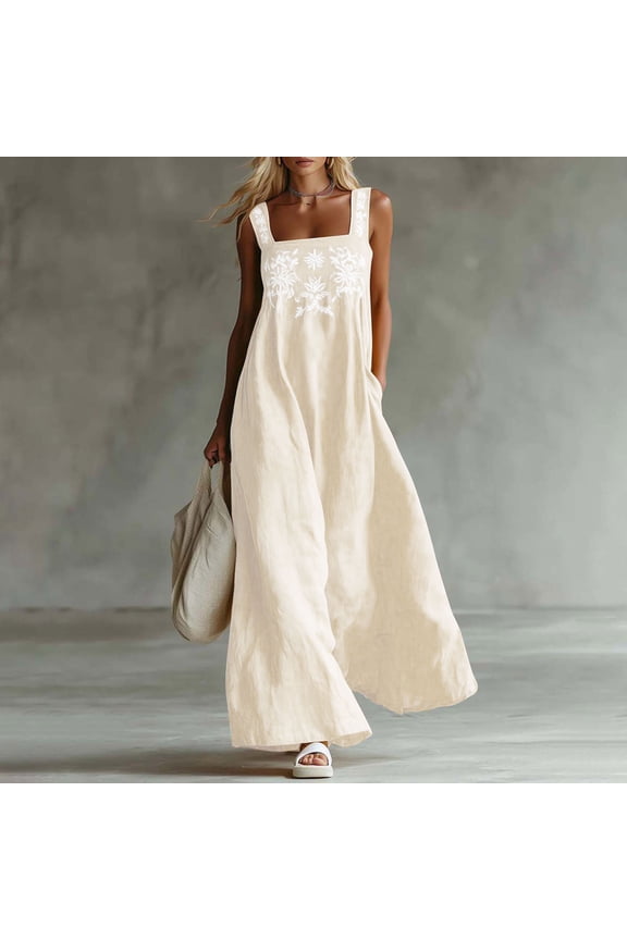 Women's Embroidered Dress Sleeveless Cotton Maxi Dress Square Neck Floral Embroidered Ruffle Flowy with Pockets