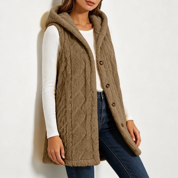 Neewe Women's Fall Casual Fleece Long Vests Hooded Sleeveless,Loose Fit Pockets,Button Down Jacket,Fall Coat,Casual Going Out Outfits,Fashion Clothing