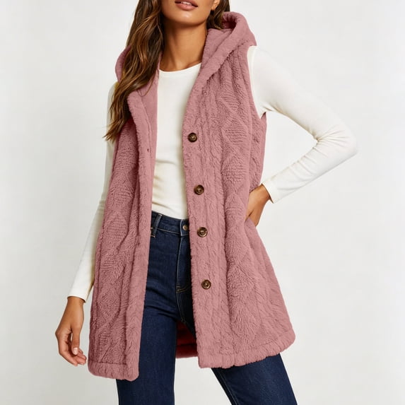 Neewe Women's Fall Casual Fleece Long Vests Hooded Sleeveless,Loose Fit Pockets,Button Down Jacket,Fall Coat,Casual Going Out Outfits,Fashion Clothing