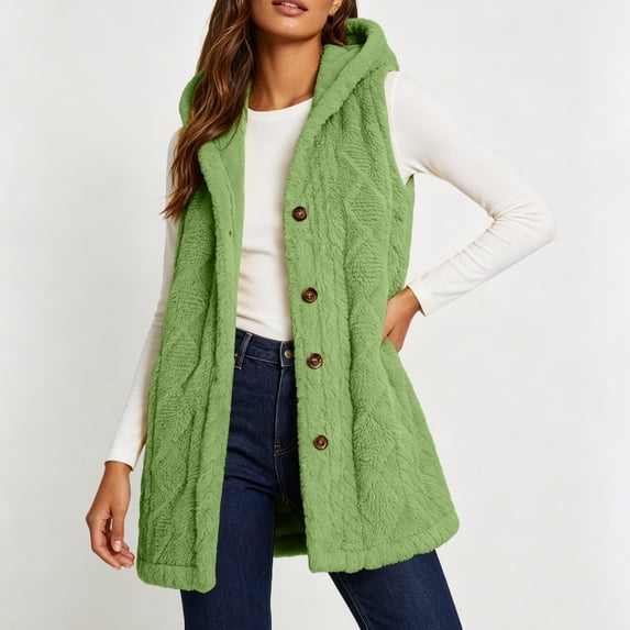 Neewe Women's Fall Casual Fleece Long Vests Hooded Sleeveless,Loose Fit Pockets,Button Down Jacket,Fall Coat,Casual Going Out Outfits,Fashion Clothing