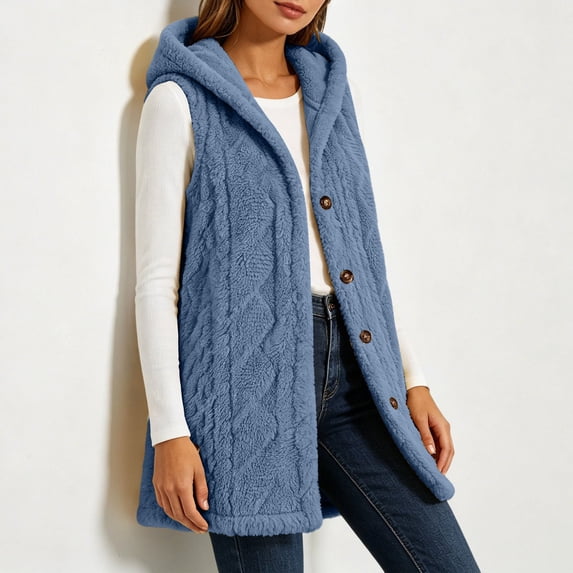 Neewe Women's Fall Casual Fleece Long Vests Hooded Sleeveless,Loose Fit Pockets,Button Down Jacket,Fall Coat,Casual Going Out Outfits,Fashion Clothing