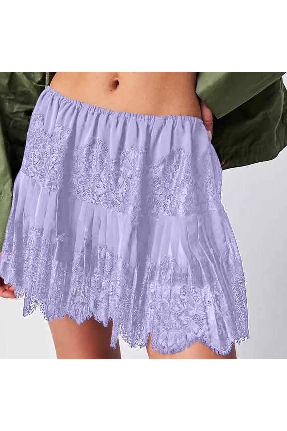 Women's Fashion Lace Half Slip Skirt Low Rise Pleated Ruffle LaceTrim Mini Skirt Layered Flowy Short Skirts Underskirt
