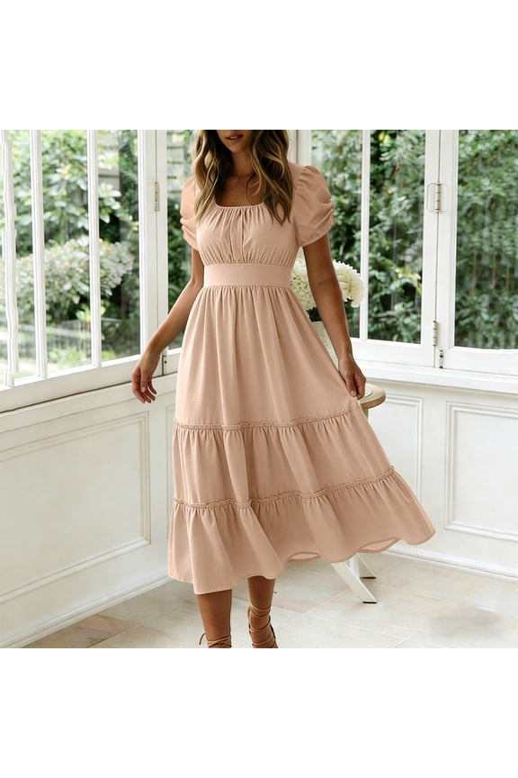 Women's Fashion Summer Dresses Square Neck Casual Short Sleeves Elastic Waist Casual Maxi Dress
