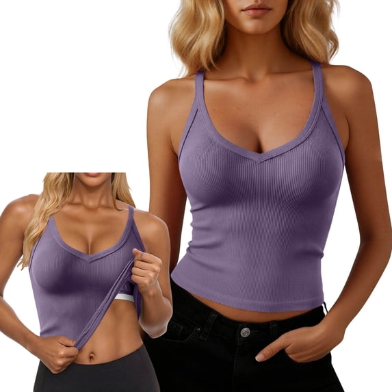 Neewe Women's Fashionable Comfortable V Neck Tank Tops with Built-in Shelf Bra Sleeveless Racerback Fitted Solid Color Basic Cami Shirts