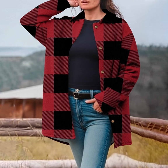 Neewe Women's Flannel Plaid 2025 Shacket Coat Winter Coat for Warmth Button down Warm and Fuzzy Fleece Jacket S-3XL