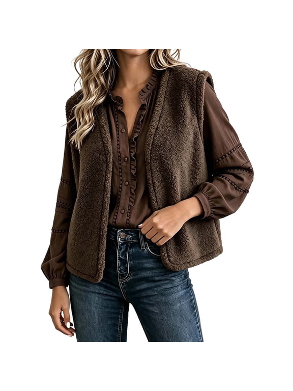 Women's Fleece Vest Plain Sleeveless Open Front with Pockets 1 Pack Sizes S to XXXL Polyester for Warm Winter Wear