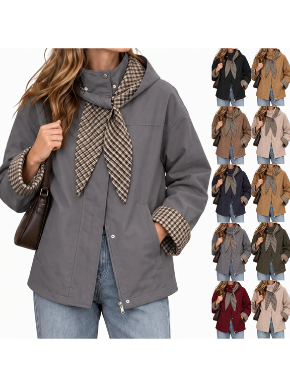 Women's Gray Waterproof Hooded Rain Jacket with Plaid Lined and Drawstring Waist for Outdoor Casual Wear and Daily Use
